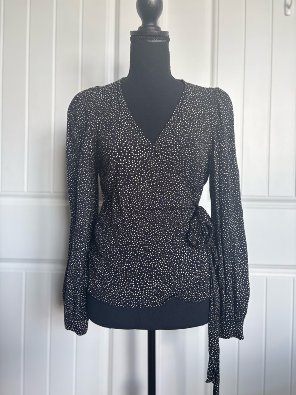 Black Dot Wrap Blouse with Self-Tie Waist